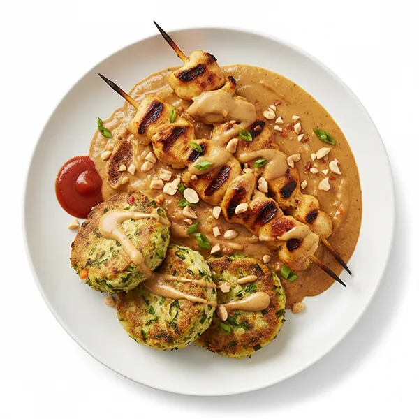 Chicken satay peanut curry with keto vegetable patties